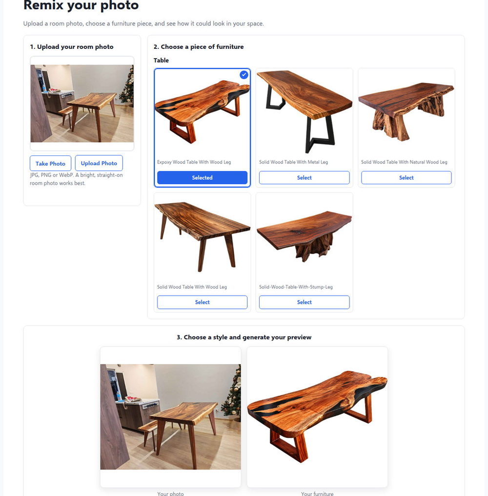 The AI Remix Photo wizard: upload a room photo, choose a product, choose a style